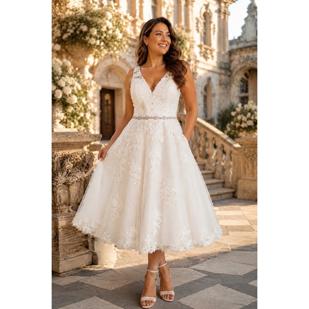 Maggie Sottero Wedding Dress Size 16 Ivory Lace Beaded Tea Length Bridal Gown